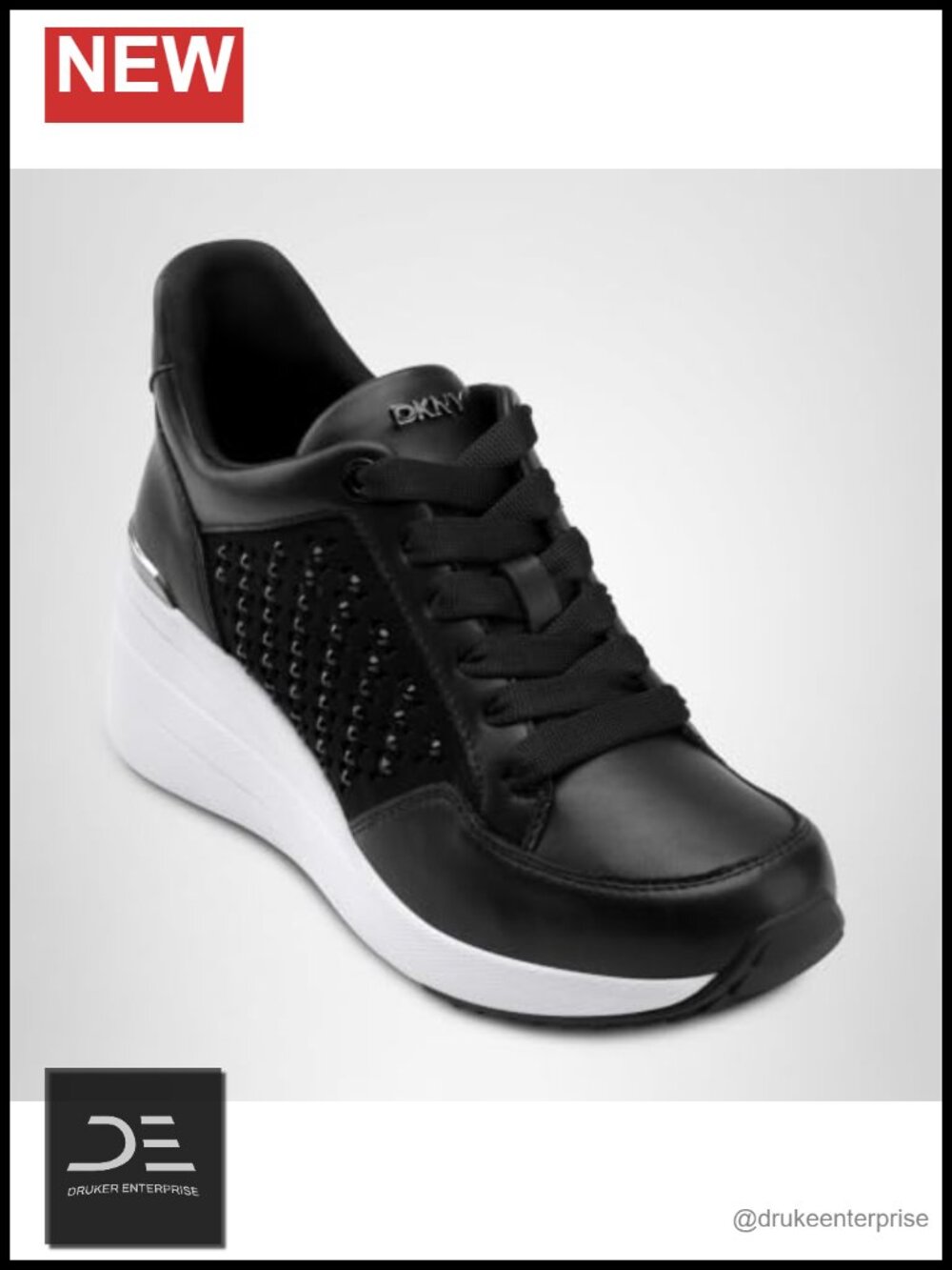 DKNY Kalinda Studded Lace Up Wedge Sneaker, Cushioned Insole, Leather Low Top